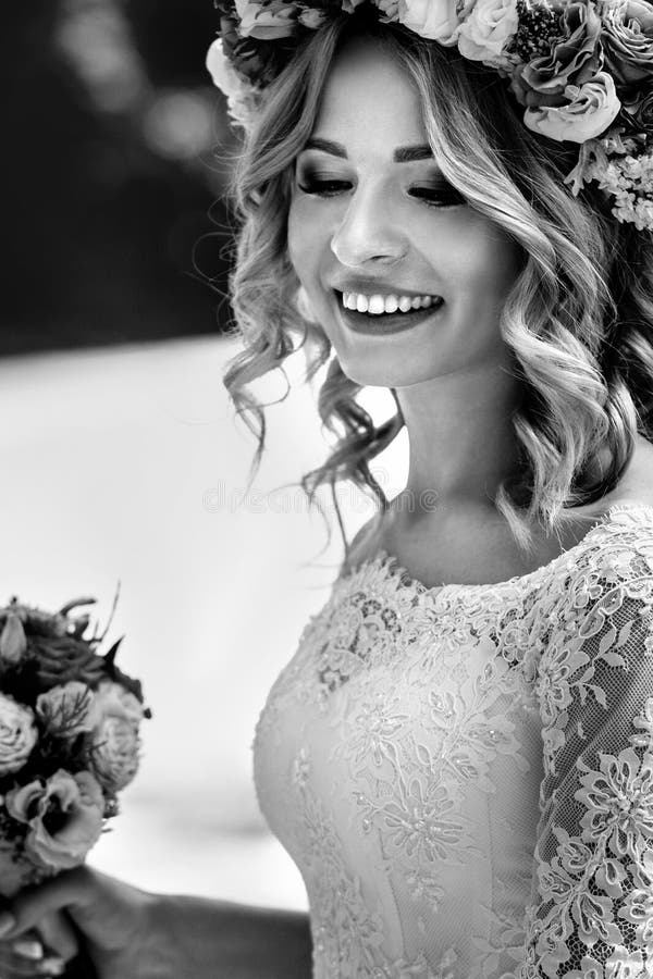Gorgeous Blonde Smiling Emotional Bride Vintage White Dress I Stock