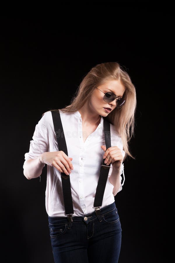 Gorgeous Blonde Woman With Suspenders And White Shirt Stock Photo ...