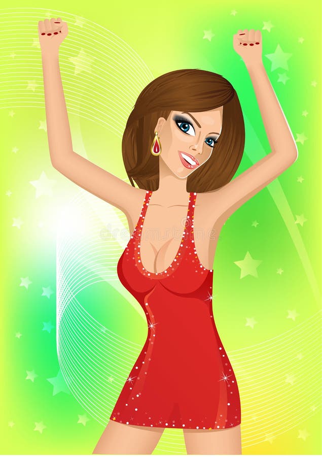 Portrait of gorgeous brunette girl in red dress dancing disco music in nigh...