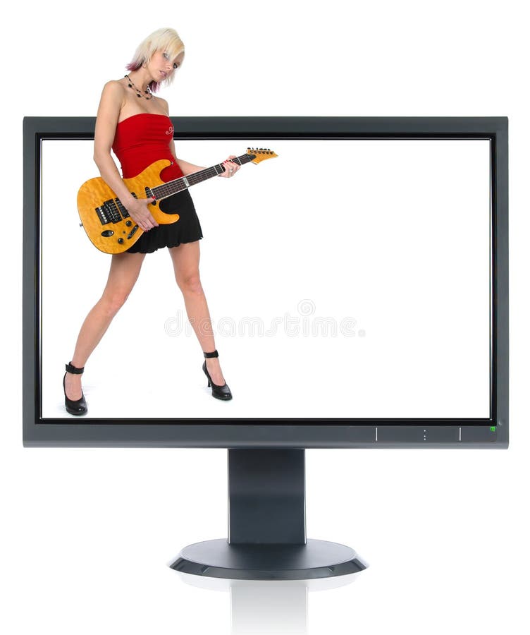 Gorgeous guitar player and monitor with blank space for text