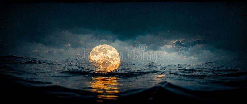 Gorgeous nighttime scene with a golden moon obscured by dark blue clouds sinking into the ocean royalty free stock images