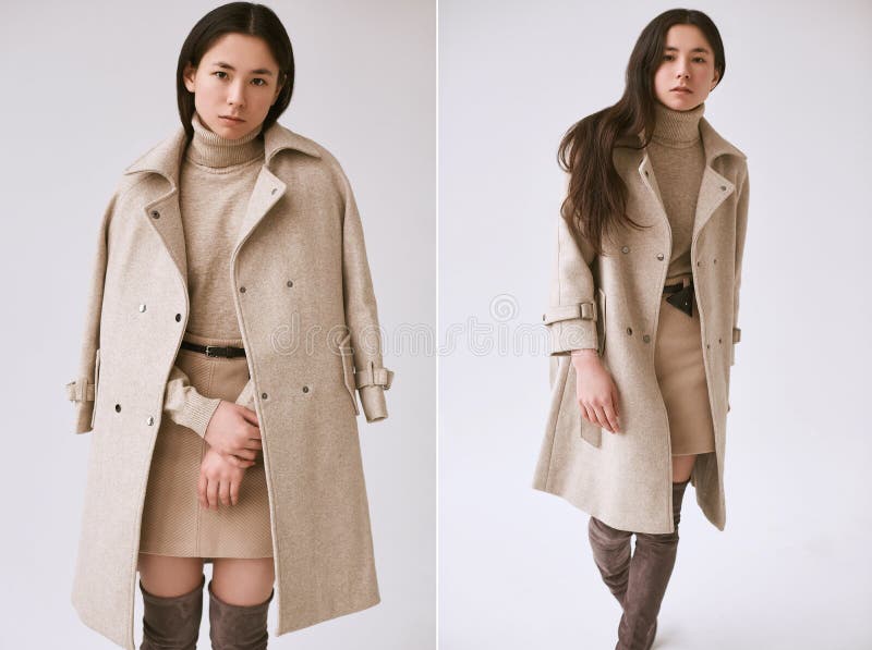 Elegant asian woman in fashionable woolen coat and classic skirt