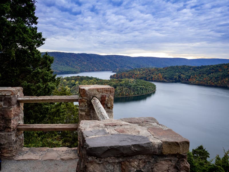 Gorgeous view of Raystown Lake from Hawnâ€™s Overlook near Altoona, Pennsylvania in the fall right before sunset with a view of. The dramatic blue sky