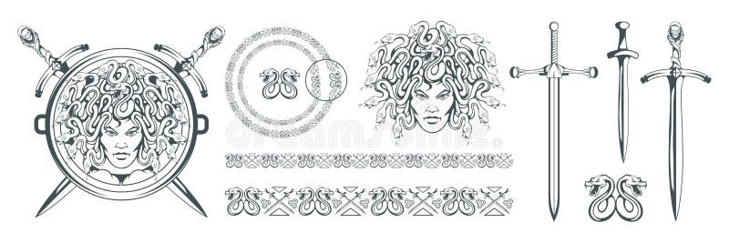 Gorgon Medusa - monster med en kvinnlig framsida och ormar i stället för hår svärd Medusahuvud grekisk mythology Hand dragit trad royaltyfri illustrationer