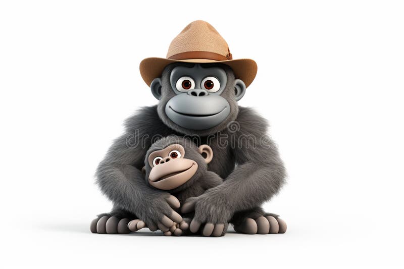 Gorilla in a Hat Sitting with a Monkey Isolated on White Background