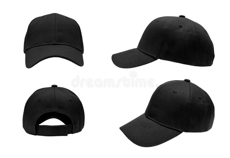 Blank black baseball cap, hat 4 view on white background. Blank black baseball cap, hat 4 view on white background