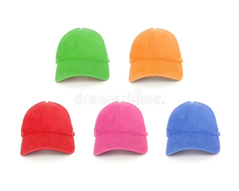 Set of solid color baseball caps isolated on white. Set of solid color baseball caps isolated on white.
