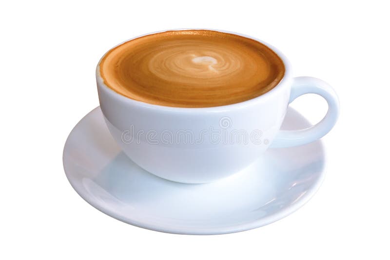 Gorący kawowy cappuccino latte w białej filiżance z wznieconą spirali mleka piany teksturą odizolowywającą na białym tle, ścinek