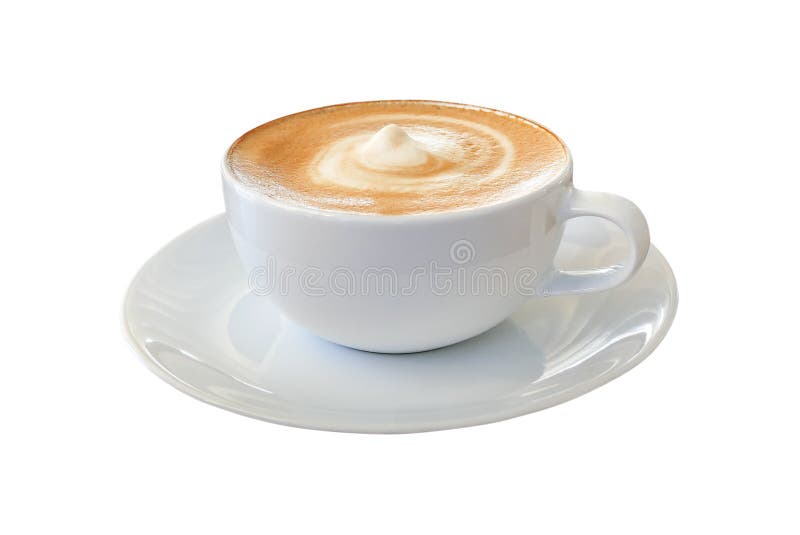 Gorący kawowy cappuccino latte w białej filiżance z wznieconą spiralą mil