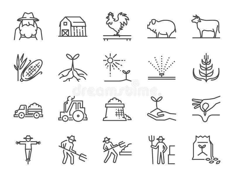 Gospodarstwa rolnego i rolnictwa ikony kreskowy set Zawrzeć ikony jako rolnik, kultywacja, roślina, uprawa, bydlę, bydło, gospoda