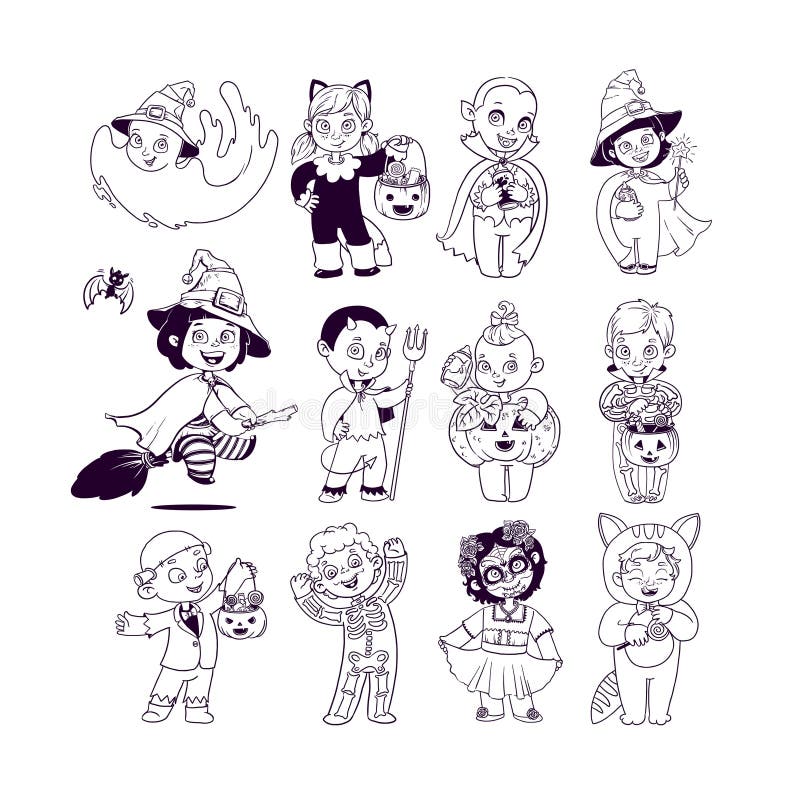 Gosses dans des costumes de Veille de la toussaint Livre de coloriage de Halloween Illustration pour des personnages de dessin an illustration stock Gosses dans des costumes de Veille de la toussaint Livre de coloriage de Halloween Illustration pour des personnages de dessin an illustration stock