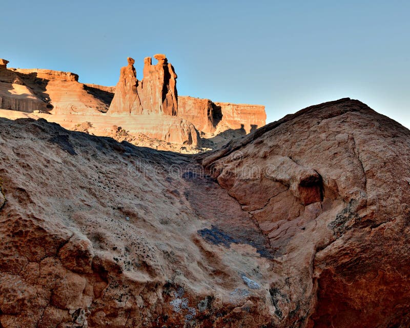 Three Gossips Rock Formation, Arches National Park. Stock Photo Image