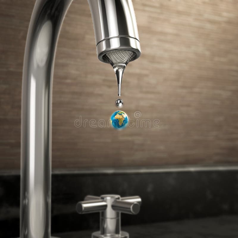 Gota da água da terra do planeta que sai da torneira ilustração stock Gota da água da terra do planeta que sai da torneira ilustração stock