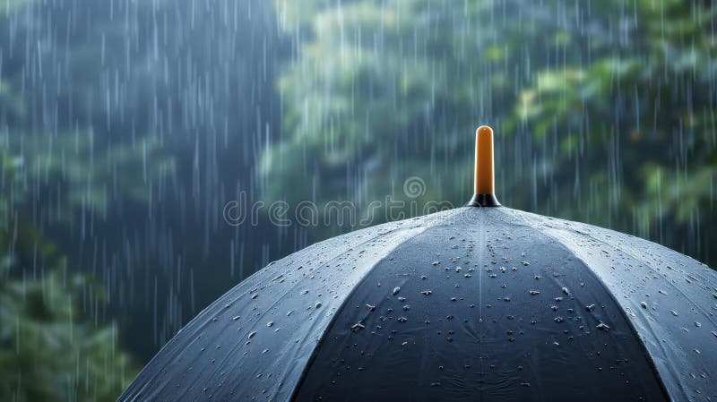Gotas de lluvia aferrándose a la superficie de un paraguas creando un clima fascinante en un día de lluvias espantosas ilustración del vector