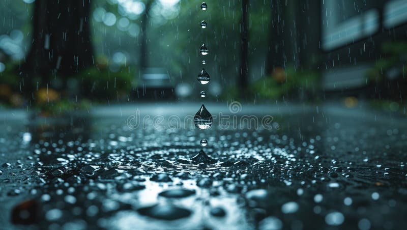 Gotas de lluvia cayendo sobre el pavimento húmedo en el medio urbano stock de ilustración