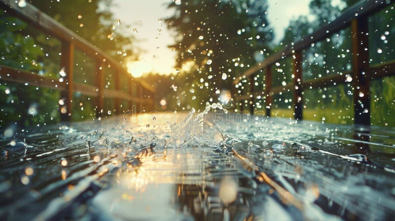 Gotas de lluvia cayendo sobre el puente de madera en la pacífica escena natural del atardecer ilustración del vector