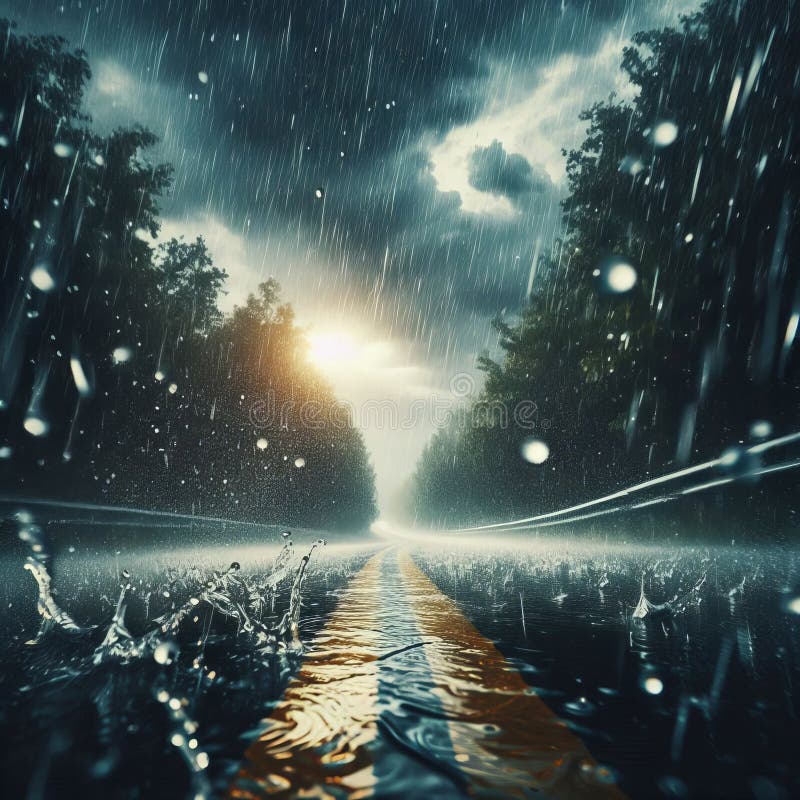 Gotas de lluvia salpicando asfalto capturando la energía cinética de r stock de ilustración