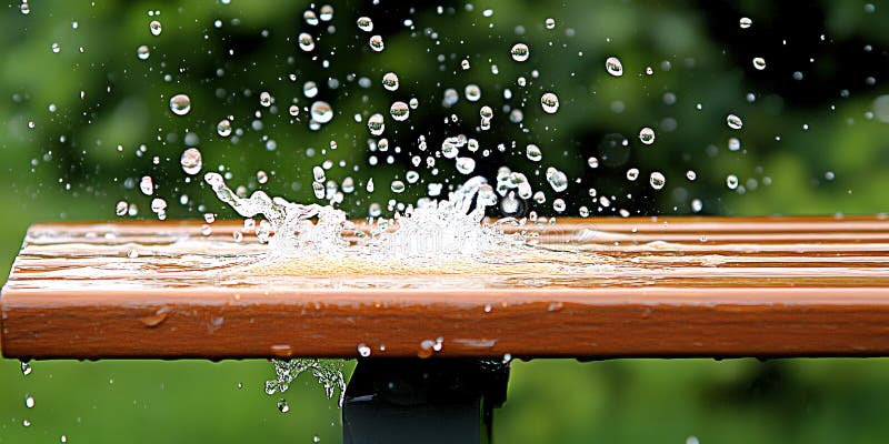 Gotas de lluvia salpicando en un banco de madera al aire libre en la naturaleza Una tranquila escena de lluvia estival stock de ilustración