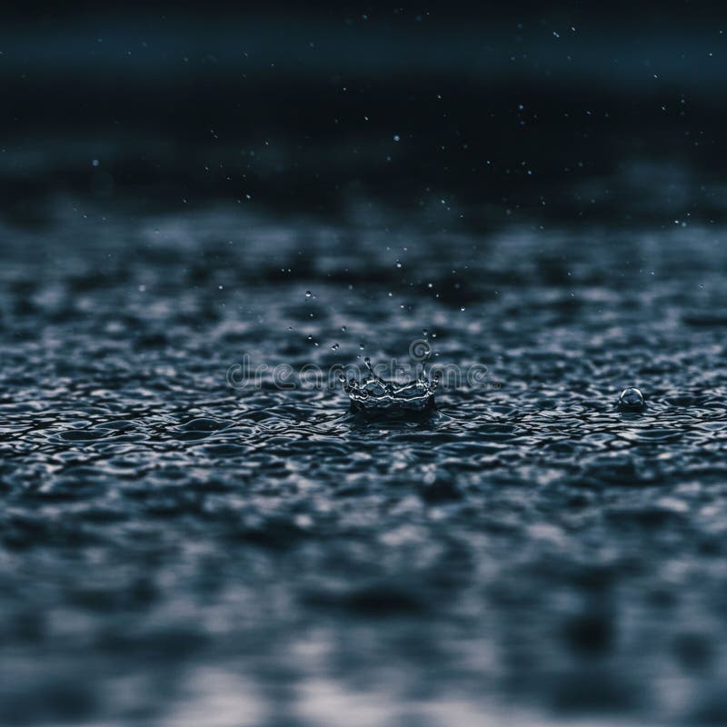 Gotas de lluvia salpicando en una superficie oscura capturada en alto contraste. La imagen se centra en las gotas de agua mientras crean ondas y pequeños salpicaduras iluminadas en el fondo oscuro. La textura se enfatiza con la luz baja que resalta el movimiento fluido y los patrones dinámicos formados por las gotas.