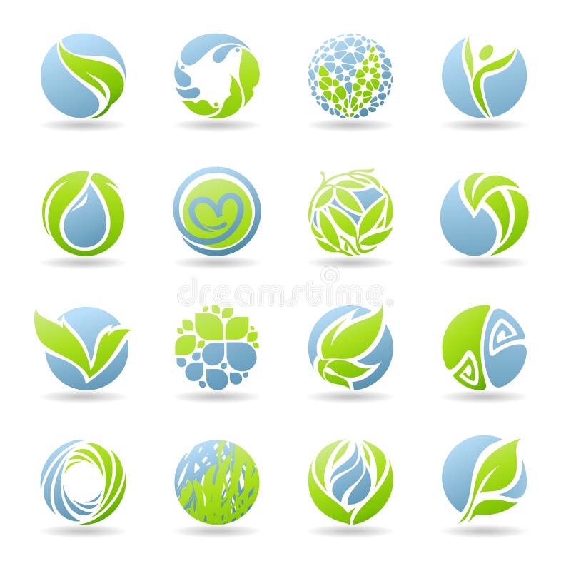 Gotas e folhas. Jogo do molde do logotipo do vetor. ilustração royalty free Gotas e folhas. Jogo do molde do logotipo do vetor. ilustração royalty free