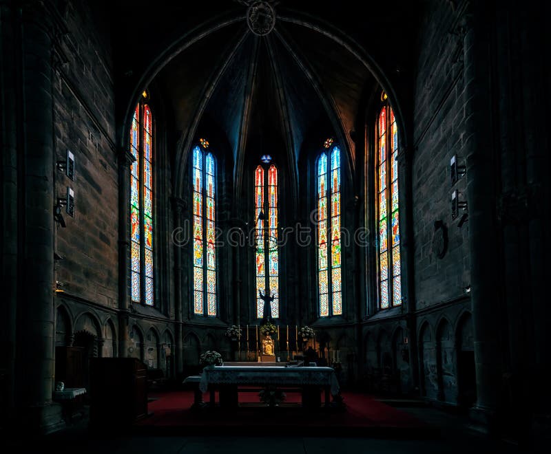 Gothic art. Stained glass windows and Main Chapel in the Church of San Francisco. Pontevedra. Galicia. Spain