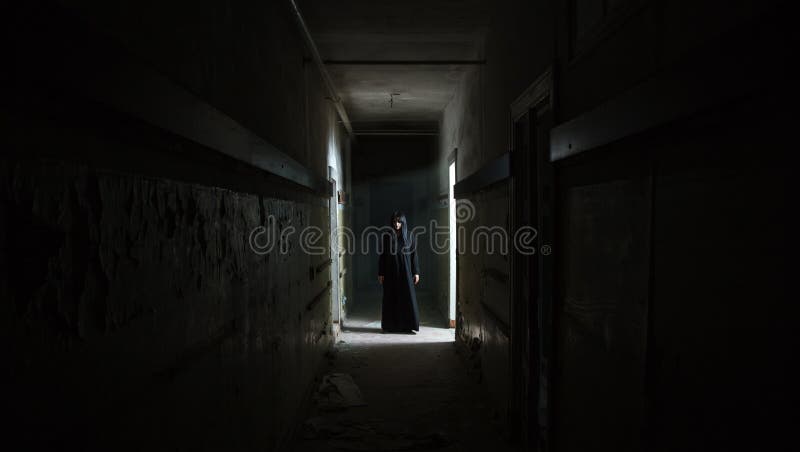 Gothic brunette woman standing in long dark corridor stock image Gothic brunette woman standing in long dark corridor stock image