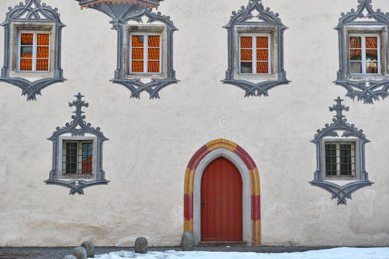 Gothic castle white facade and red door stock image Gothic castle white facade and red door stock image