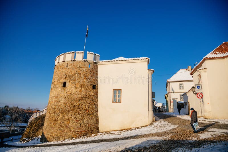 Gothic Fortress walls  Putim Gate in winter sunny day  Medieval fortifications  historical architectural monument Putimska brana