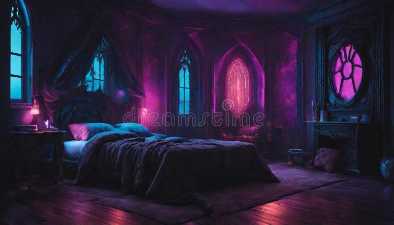 A Gothic-inspired Bedroom with Neon Lights Creating an Eerie and ...