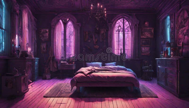A Gothic-inspired Bedroom with Neon Lights Creating an Eerie and ...