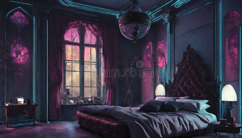 A Gothic-inspired Bedroom with Neon Lights Creating an Eerie and ...