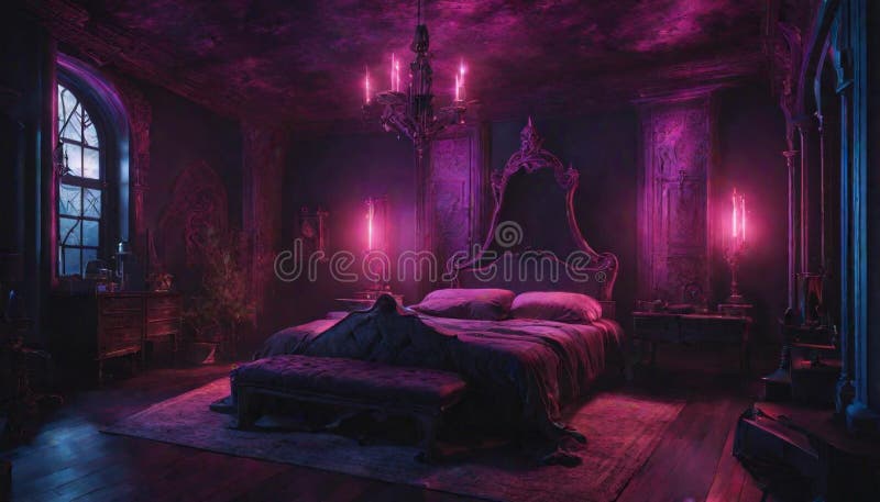 A Gothic-inspired Bedroom with Neon Lights Creating an Eerie and ...