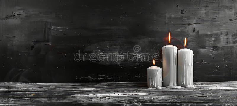 Gothic style burning candle on black backdrop with ample space for text placement stock illustration