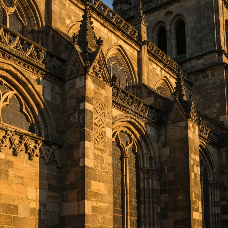 Gothic-style cathedral facade with intricate stone carvings and pointed arches royalty free illustration