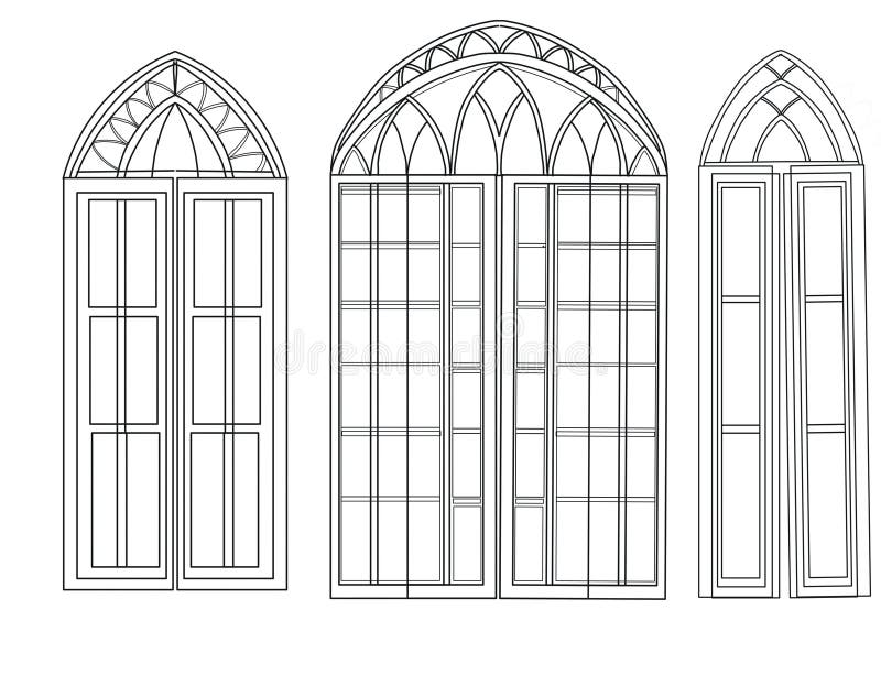 Gothic Style Windows Bright Colored Stained Glass Windows Hand Drawn Stock Illustration