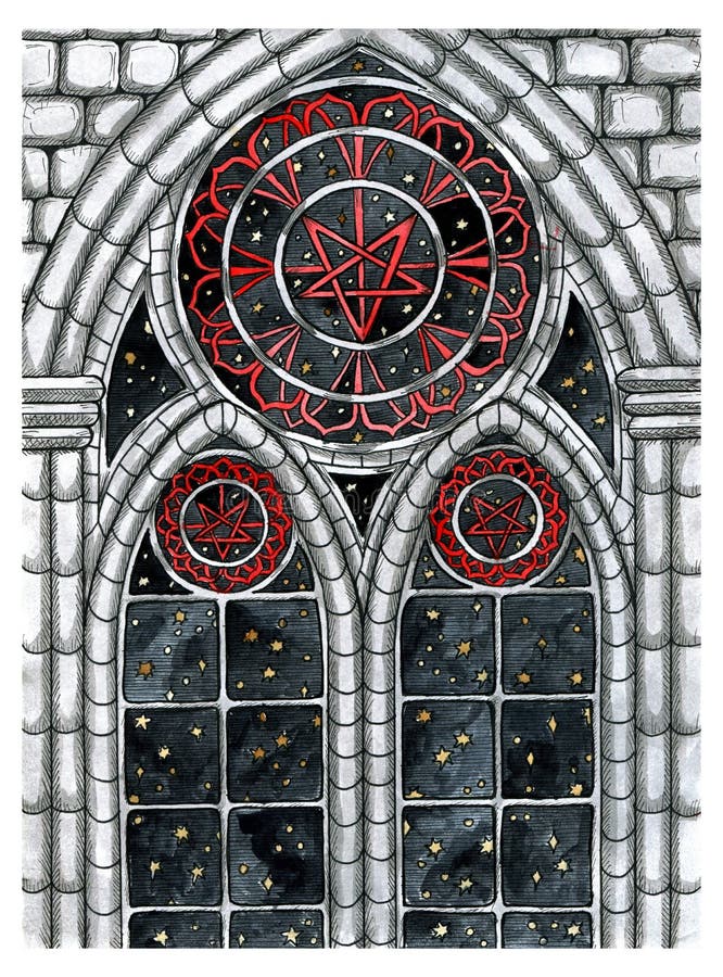 Gothic window with glass painting, starry night