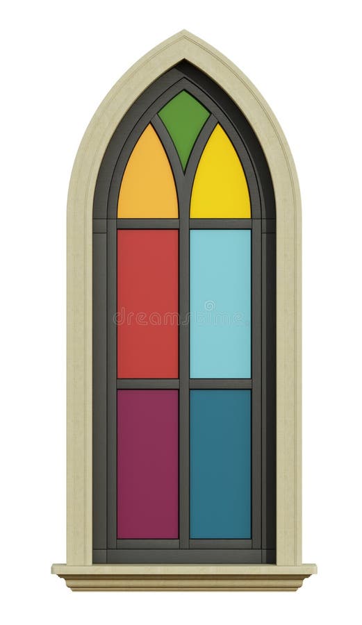 Gothic window with stone frame on white background