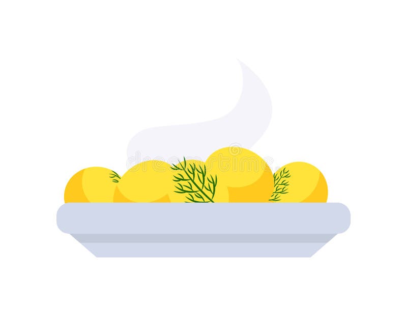Warm potatoes on plate, holiday dish in flat style isolated on white. Yellow boiled food with parsley vector icon. Traditional cooked meal with greens. Warm potatoes on plate, holiday dish in flat style isolated on white. Yellow boiled food with parsley vector icon. Traditional cooked meal with greens