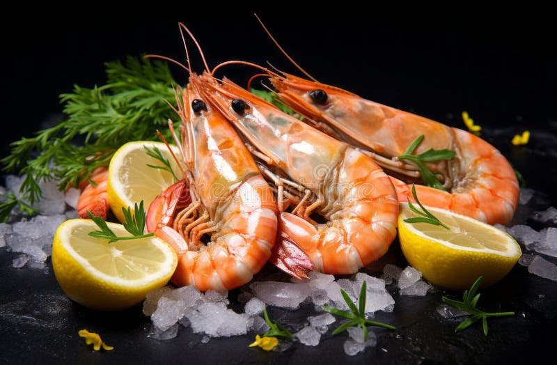 Boiled tiger prawns with lemon and ice. Neural network AI generated. Boiled tiger prawns with lemon and ice. Neural network AI generated