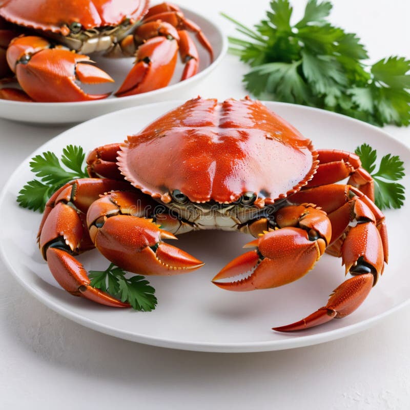 Boiled red crab with parsley on a white plate. Seafood. Boiled red crab with parsley on a white plate. Seafood