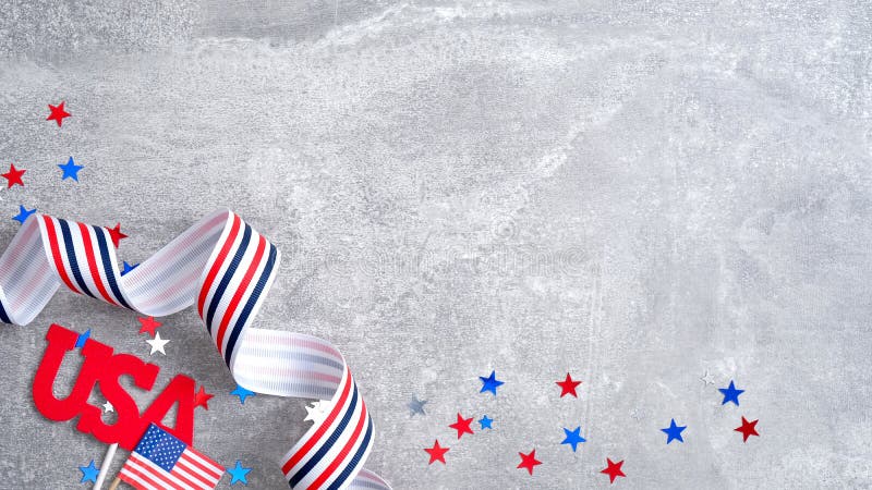 Happy Presidents day sale banner template with American flag, sign USA, grosgrain ribbon, confetti stars. Happy Presidents day sale banner template with American flag, sign USA, grosgrain ribbon, confetti stars.