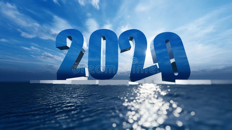 Gott nytt år 2020 Flyta över det blå havet med starkt ljus