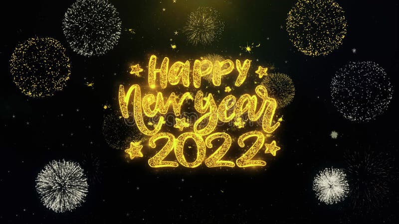 Gott nytt år 2022-textönskemål på bildskärmen för guldpartiklar stock illustrationer