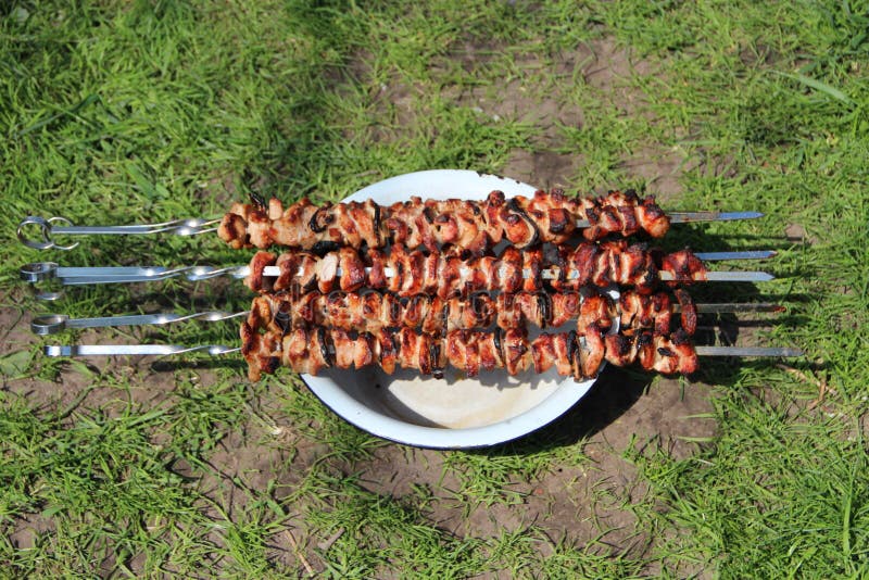 Gotujący wieprzowiny mięso Grilla lunch Apetyczny szaszłyk na skewers na talerzu fotografia royalty free Gotujący wieprzowiny mięso Grilla lunch Apetyczny szaszłyk na skewers na talerzu fotografia royalty free