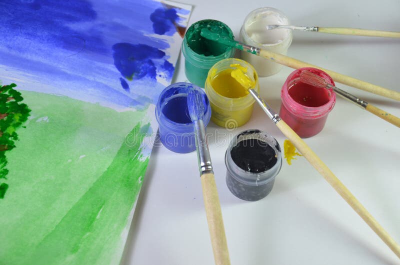 Gouache Paint Brushes and Children S Drawings. Photo Child Paints a Brush  with Watercolor Honey Paints. Children S Art Stock Image - Image of  colorful, hobby: 201807447