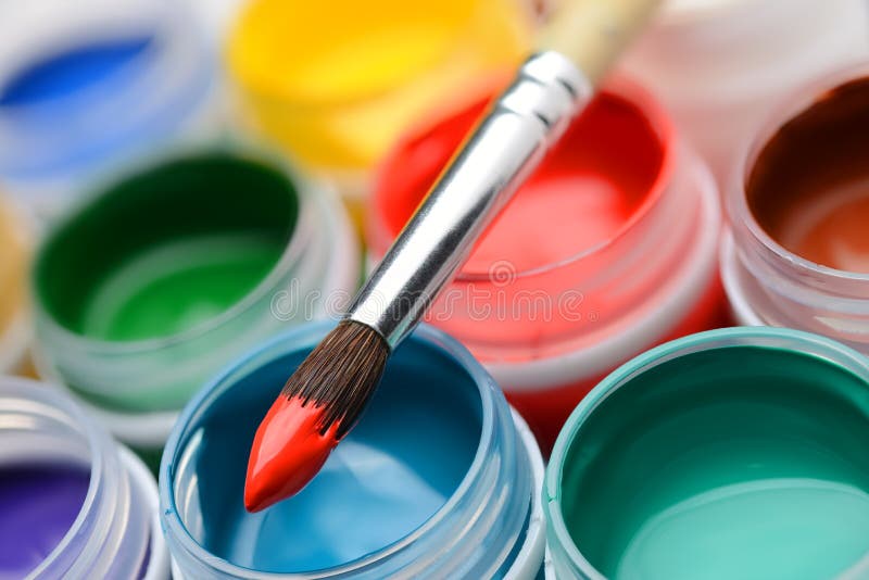Gouache Paint Jars and Paintbrush Stock Photo - Image of work, blue ...