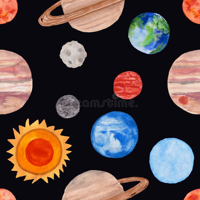 Planets painted with shining watercolor paints on black watercolor