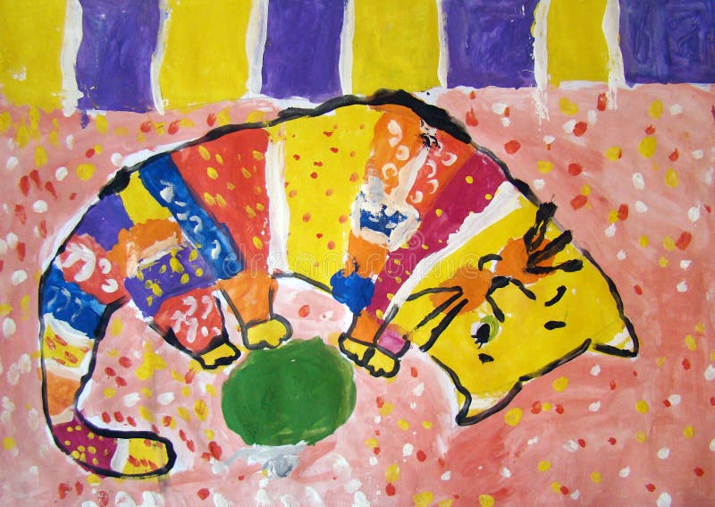 Gouache painting of a cat made by child