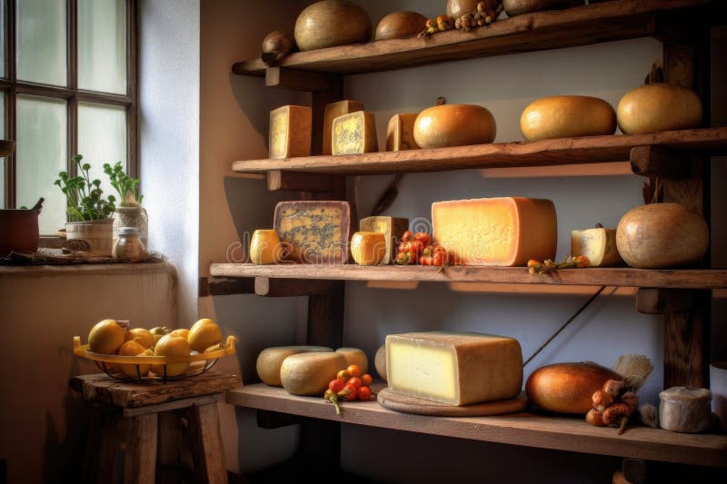 Gouda Cheese Aging on Wooden Shelves Stock Illustration Illustration