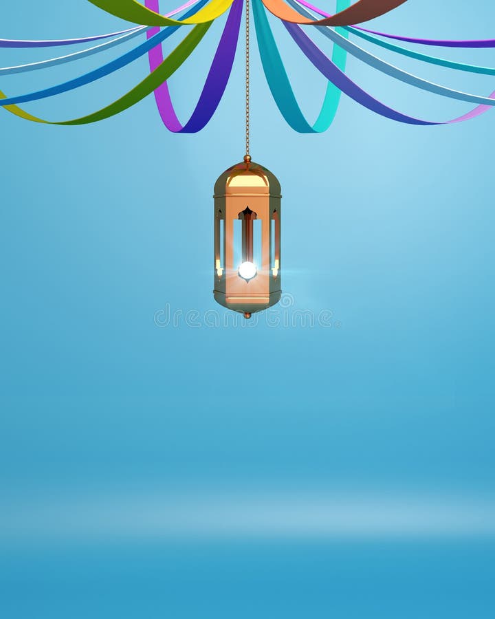 Gouden Arabische hangende lantaarn met kleurrijk lint op blauwe achtergrond royalty-vrije illustratie Gouden Arabische hangende lantaarn met kleurrijk lint op blauwe achtergrond royalty-vrije illustratie